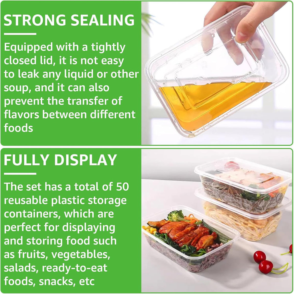 Pack of 50 Food Storage Containers with Lids 650 ml Storage Containers