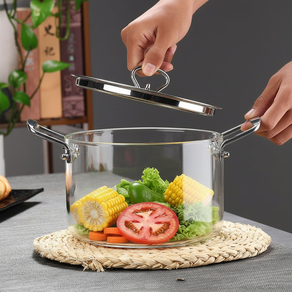 High Borosilicate Glass Cooking Pot with Lid, 3.5L, Clear