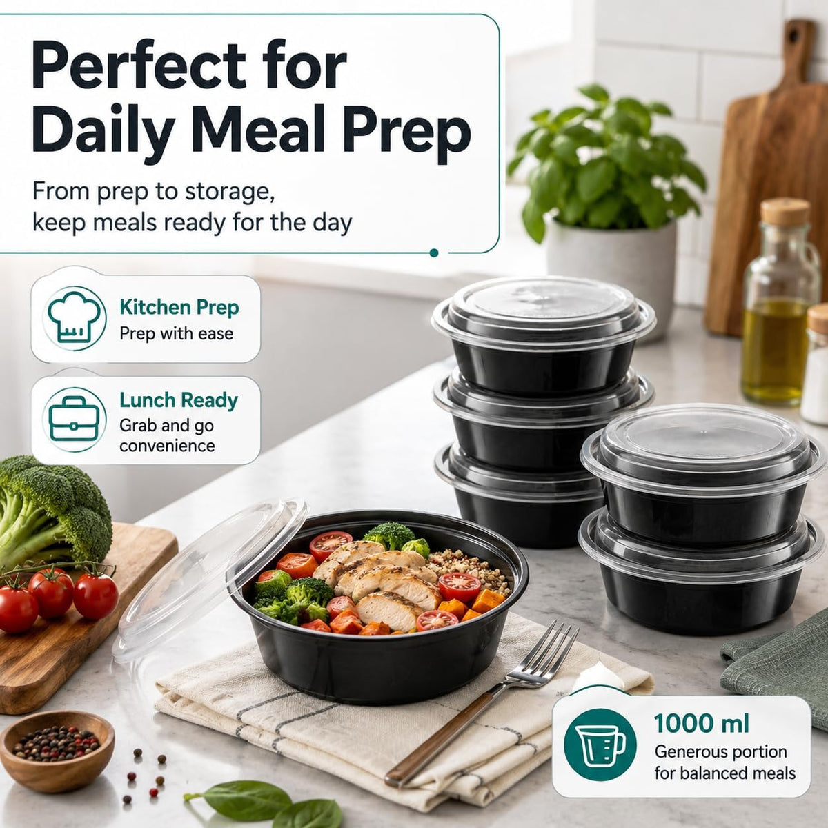Pack of 25 Round Meal Prep Boxes with Lid, 1000 ml,