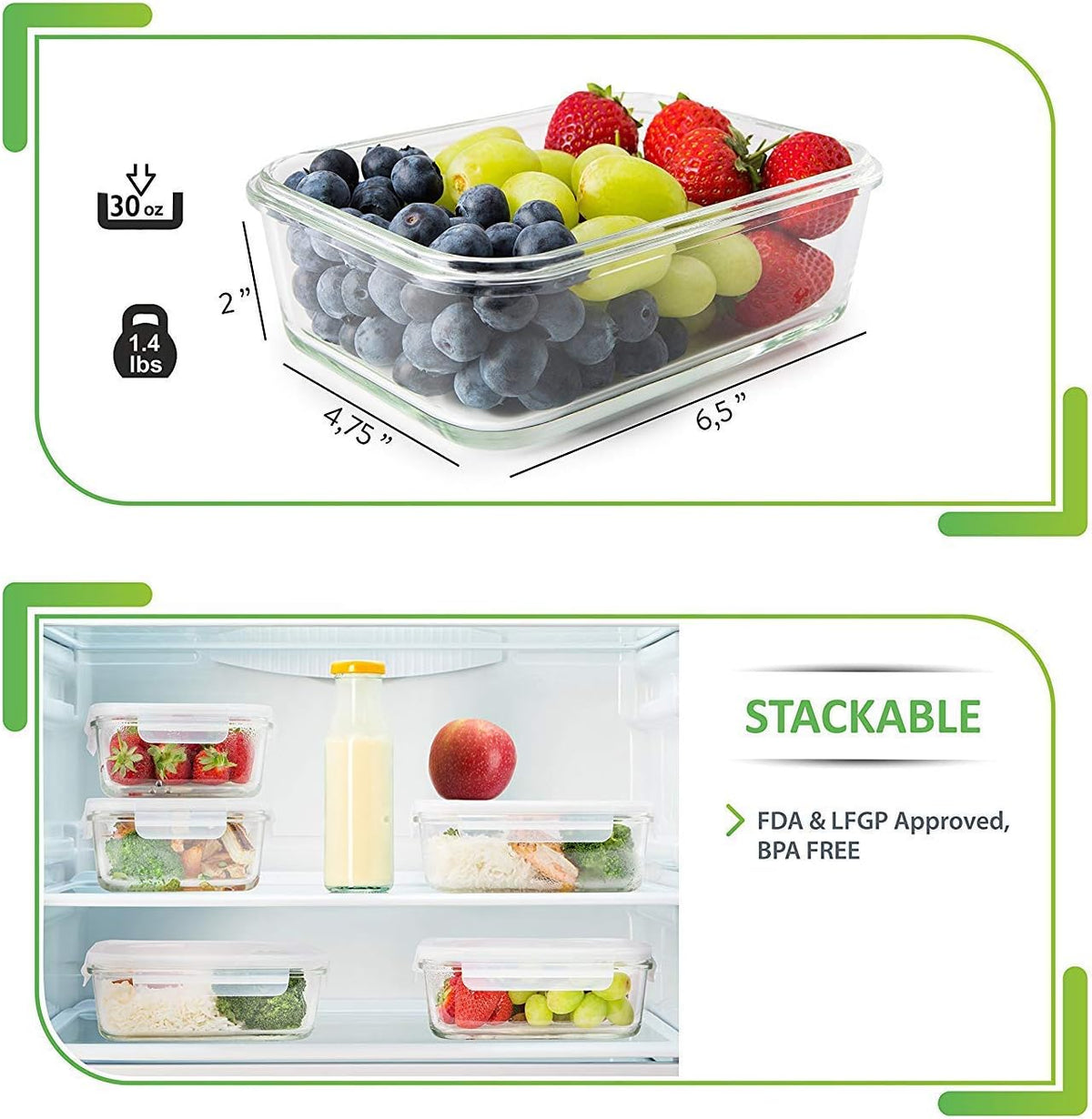 [5-pack, 30oz] Glass Container Food Storage Containers with Lids - Leak Proof Meal Prep Container Glass Lunch Containers - Freezer Containers Microwave Oven Dishwasher Safe