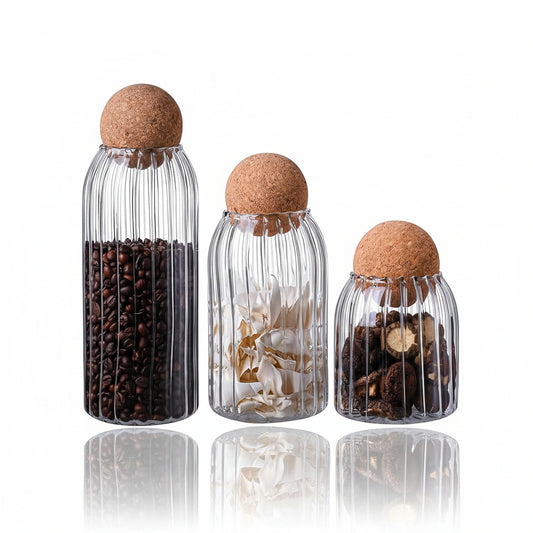 Premium Quality Glass Storage Jars with Cork Lids, Borosilicate Glass Canisters, Ribbed Design, Set of 3 (500ml, 800ml, 1100ml),