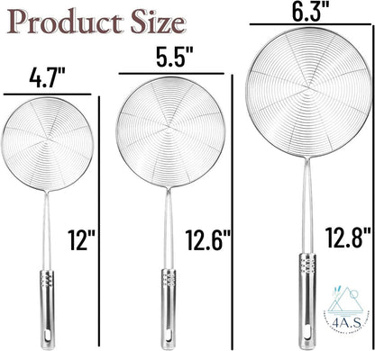 Spider Strainer Set, 3 Stainless Steel Mesh Skimmers with Long Handle, 4.7/5.5/6.3 Inch Diameter Spoons for Deep Frying, Pasta, Kitchen Cooking