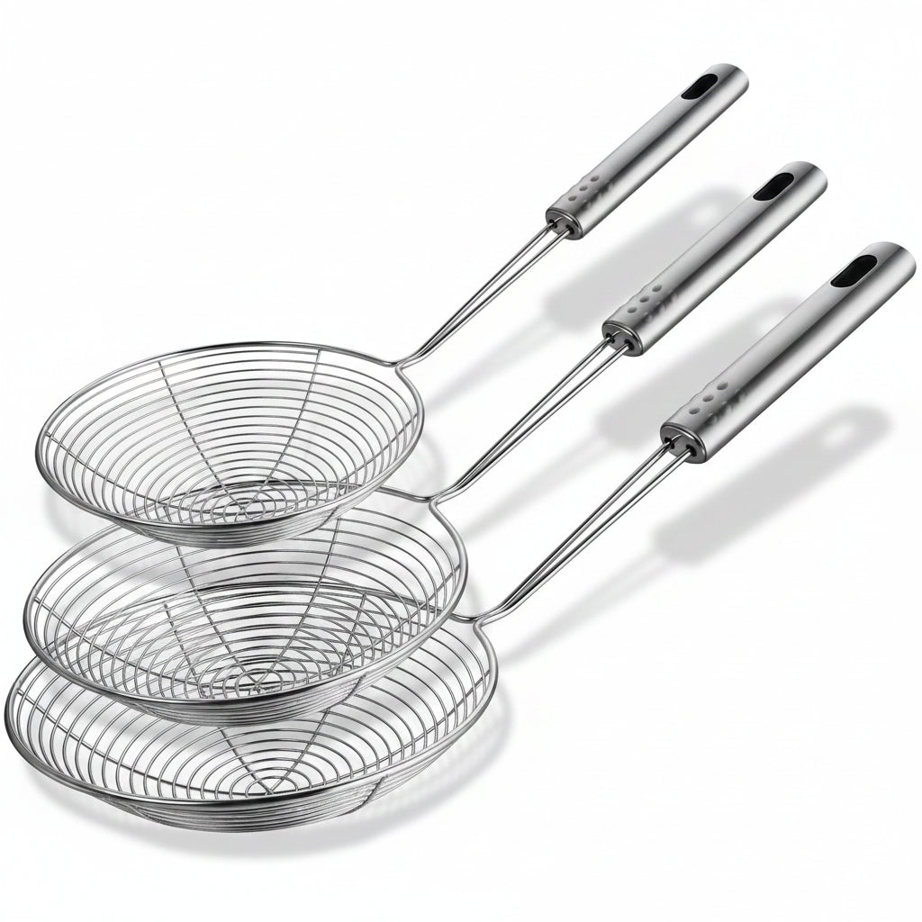 Spider Strainer Set, 3 Stainless Steel Mesh Skimmers with Long Handle, 4.7/5.5/6.3 Inch Diameter Spoons for Deep Frying, Pasta, Kitchen Cooking