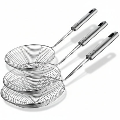 Spider Strainer Set, 3 Stainless Steel Mesh Skimmers with Long Handle, 4.7/5.5/6.3 Inch Diameter Spoons for Deep Frying, Pasta, Kitchen Cooking