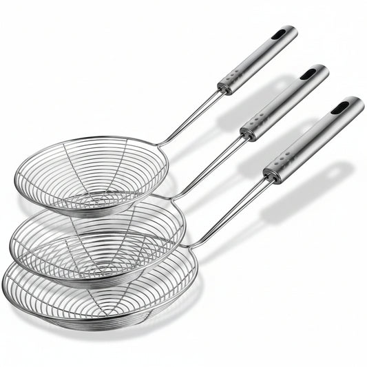Spider Strainer Set, 3 Stainless Steel Mesh Skimmers with Long Handle, 4.7/5.5/6.3 Inch Diameter Spoons for Deep Frying, Pasta, Kitchen Cooking