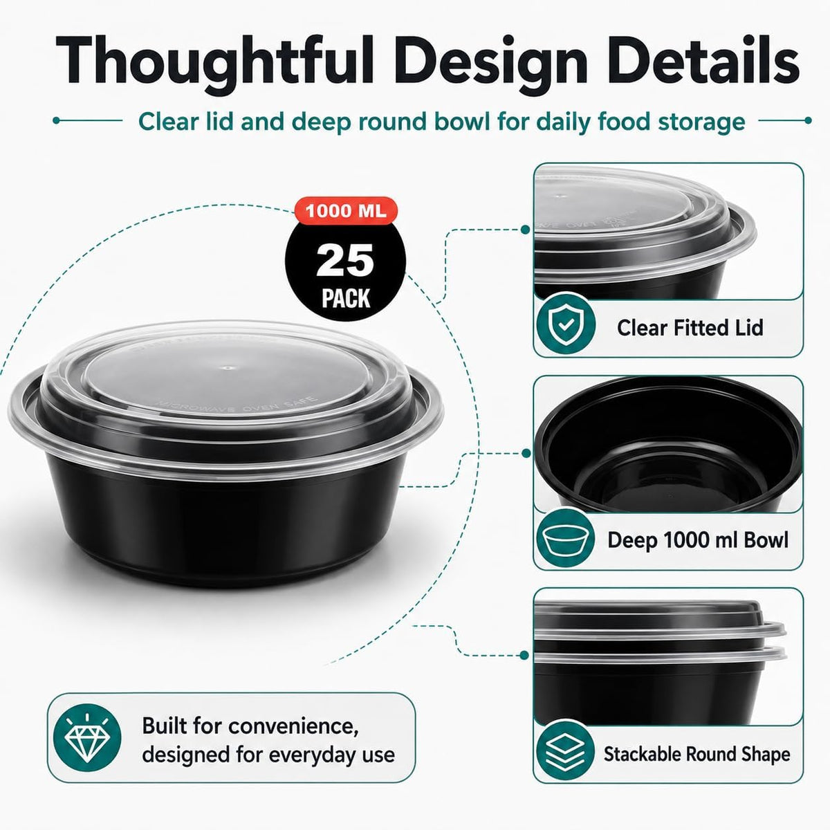 Pack of 25 Round Meal Prep Boxes with Lid, 1000 ml,