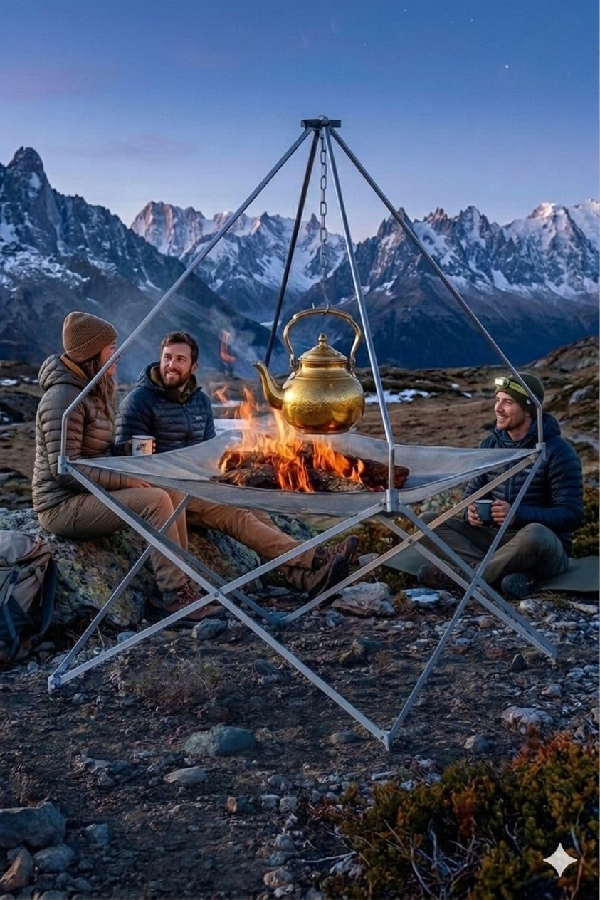 Portable Outdoor Fire Pit, Foldable Frame with Hanging Hook, 42cm x 42cm x 34cm, Camping Cooking Tripod Stand