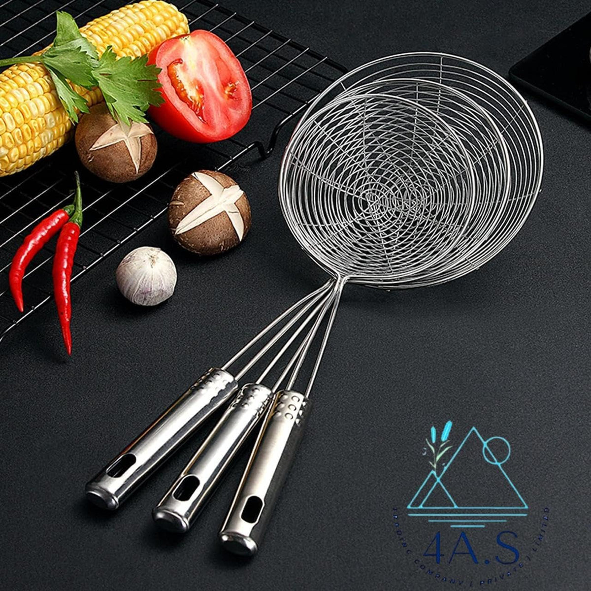 Spider Strainer Set, 3 Stainless Steel Mesh Skimmers with Long Handle, 4.7/5.5/6.3 Inch Diameter Spoons for Deep Frying, Pasta, Kitchen Cooking