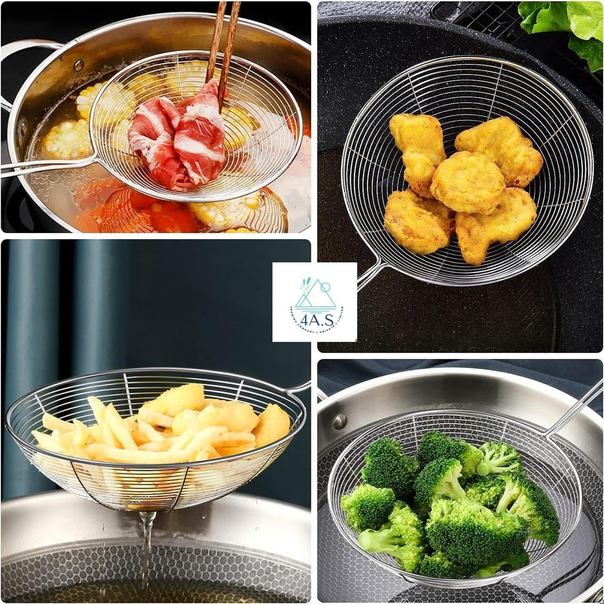 Spider Strainer Set, 3 Stainless Steel Mesh Skimmers with Long Handle, 4.7/5.5/6.3 Inch Diameter Spoons for Deep Frying, Pasta, Kitchen Cooking