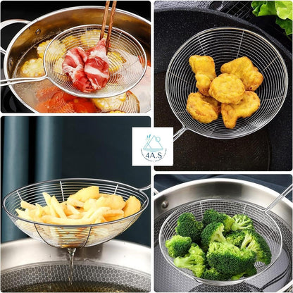 Spider Strainer Set, 3 Stainless Steel Mesh Skimmers with Long Handle, 4.7/5.5/6.3 Inch Diameter Spoons for Deep Frying, Pasta, Kitchen Cooking