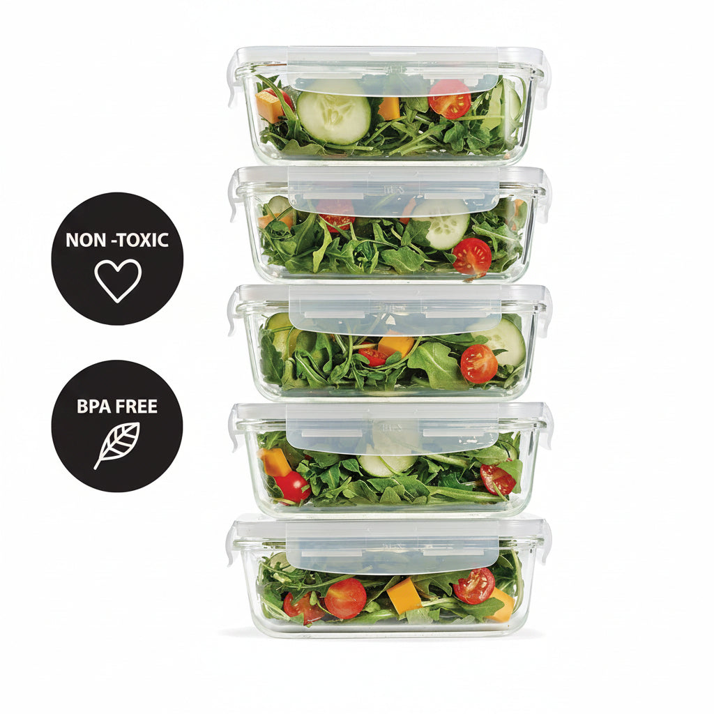 Fit & Fresh, 28 ounces, Set of 5 Locking Lids, Meal Prep, 5 Pack, Glass Storage Containers with Airtight Seal, 28 oz, 28.4 oz, Clear