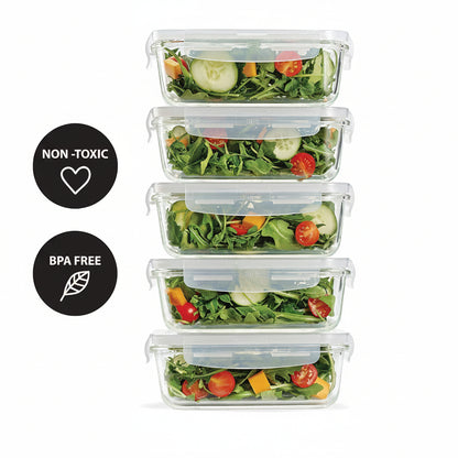 Fit & Fresh, 28 ounces, Set of 5 Locking Lids, Meal Prep, 5 Pack, Glass Storage Containers with Airtight Seal, 28 oz, 28.4 oz, Clear