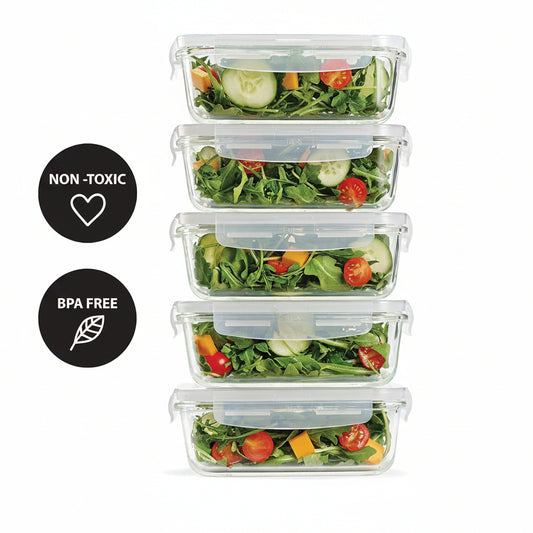 Fit & Fresh, 28 ounces, Set of 5 Locking Lids, Meal Prep, 5 Pack, Glass Storage Containers with Airtight Seal, 28 oz, 28.4 oz, Clear