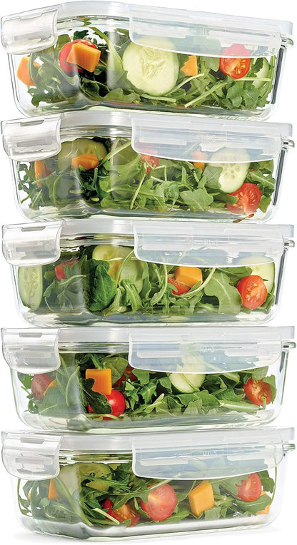 Fit & Fresh, 28 ounces, Set of 5 Locking Lids, Meal Prep, 5 Pack, Glass Storage Containers with Airtight Seal, 28 oz, 28.4 oz, Clear
