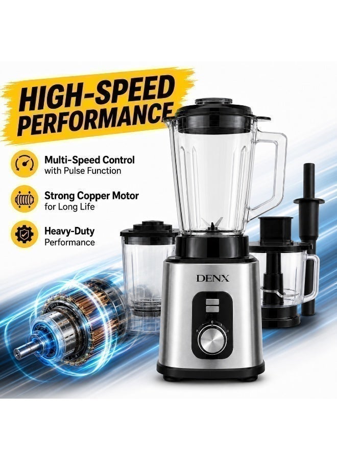 DENX 2000W 3-in-1 Heavy Duty Blender with 3L Jar + Grinder + Meat Mincer, High Speed Multi Function Kitchen Mixer, Smoothie Maker,Juicer, Food Processor for Home & Commercial Use