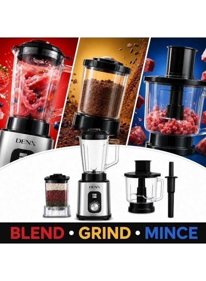 DENX 2000W 3-in-1 Heavy Duty Blender with 3L Jar + Grinder + Meat Mincer, High Speed Multi Function Kitchen Mixer, Smoothie Maker,Juicer, Food Processor for Home & Commercial Use