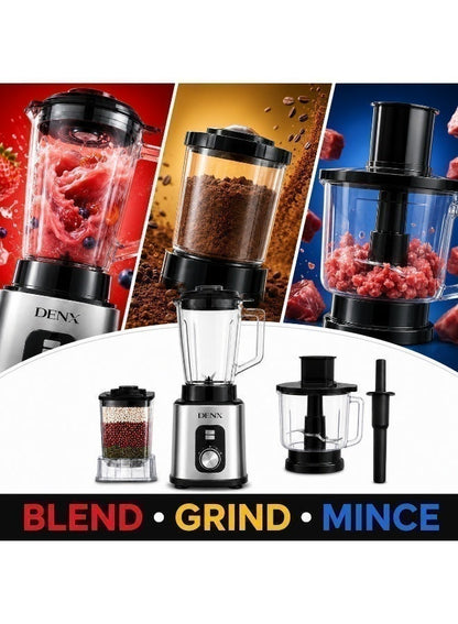 DENX 2000W 3-in-1 Heavy Duty Blender with 3L Jar + Grinder + Meat Mincer, High Speed Multi Function Kitchen Mixer, Smoothie Maker,Juicer, Food Processor for Home & Commercial Use