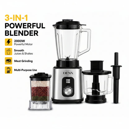 DENX 2000W 3-in-1 Heavy Duty Blender with 3L Jar + Grinder + Meat Mincer, High Speed Multi Function Kitchen Mixer, Smoothie Maker,Juicer, Food Processor for Home & Commercial Use