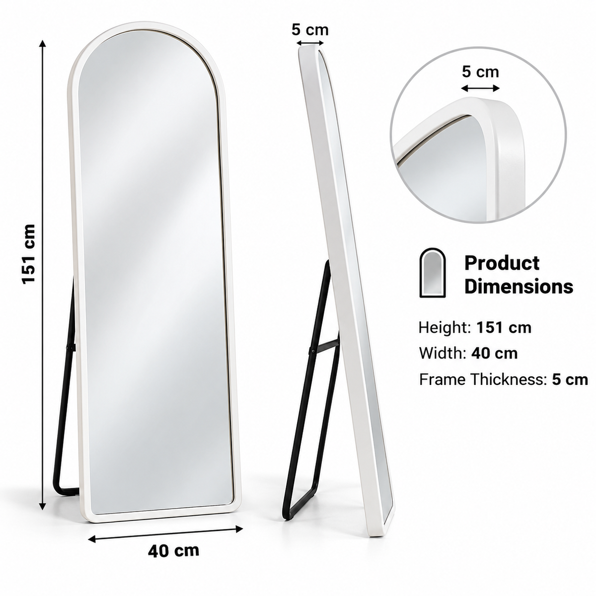 White Raqi arched mirror dimensions infographic, carton measures 151 x 40 x 5 cm