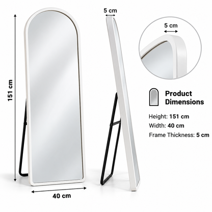 White Raqi arched mirror dimensions infographic, carton measures 151 x 40 x 5 cm