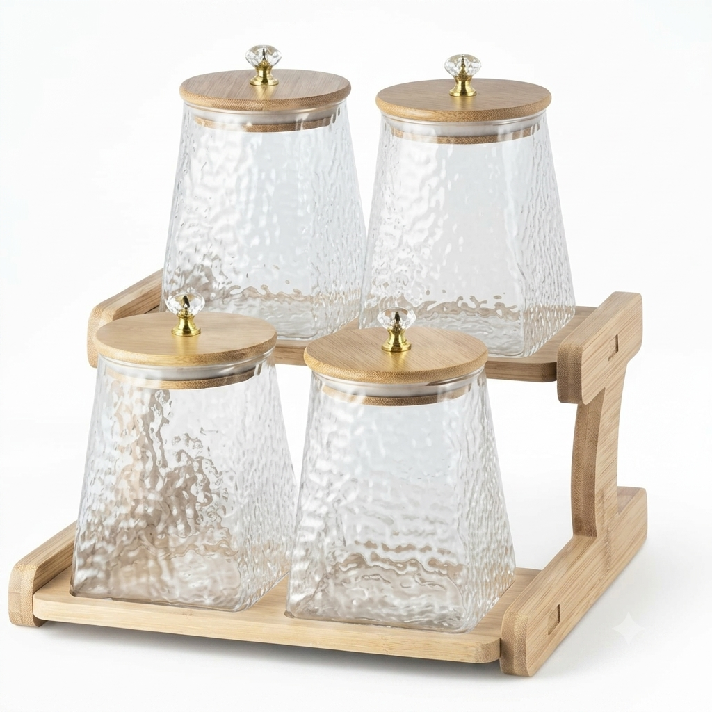 Glass Storage Jar with Wooden Lid and 2-Tier Wooden Holder, Airtight Container, Kitchen Counter Organizer,750 ML