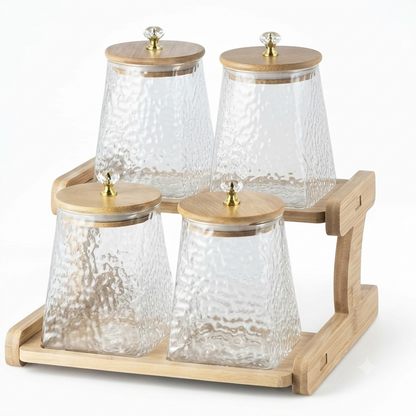 Glass Storage Jar with Wooden Lid and 2-Tier Wooden Holder, Airtight Container, Kitchen Counter Organizer,750 ML