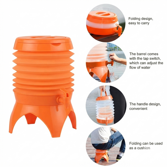 Kitchen Collapsible Water Dispenser with Tap, Orange, Portable Folding Beverage Container with Handle and Stand,5.5 L Capacity