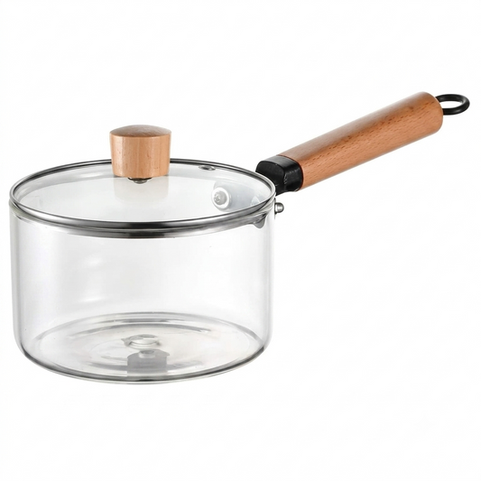 Glass Cooking Pot with Lid, 1.8L Capacity, Borosilicate Glass, Wooden Handle