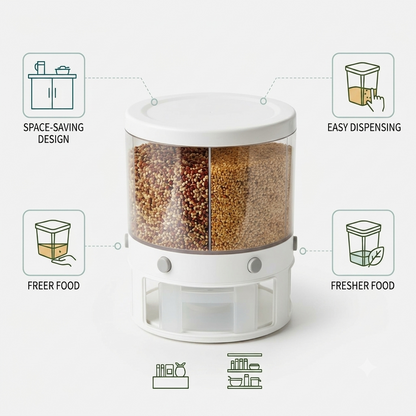 Rotating Food Storage Container, White, Multi-Compartment Grain Dispenser 5 Compartments