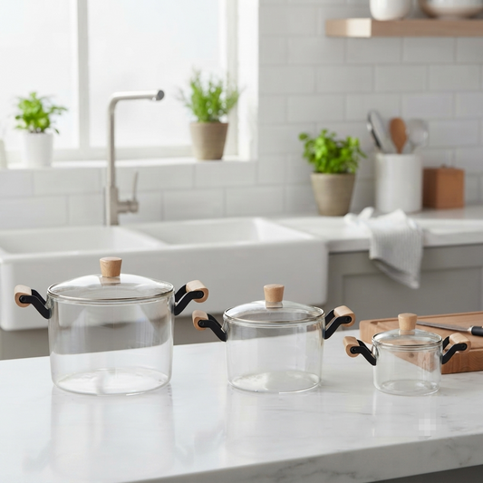 ClearGlass Cooking Pot Set of 3 with Wooden Knob Lids, Clear Glass Casserole Dishes with Black Handles,5 L,4 L,3.2 L
