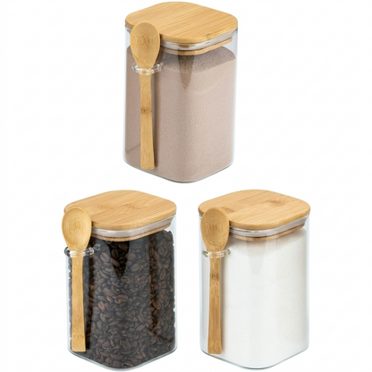 Set of 3 Square Glass Canisters with Bamboo Lids Tea,Spices-350 ml