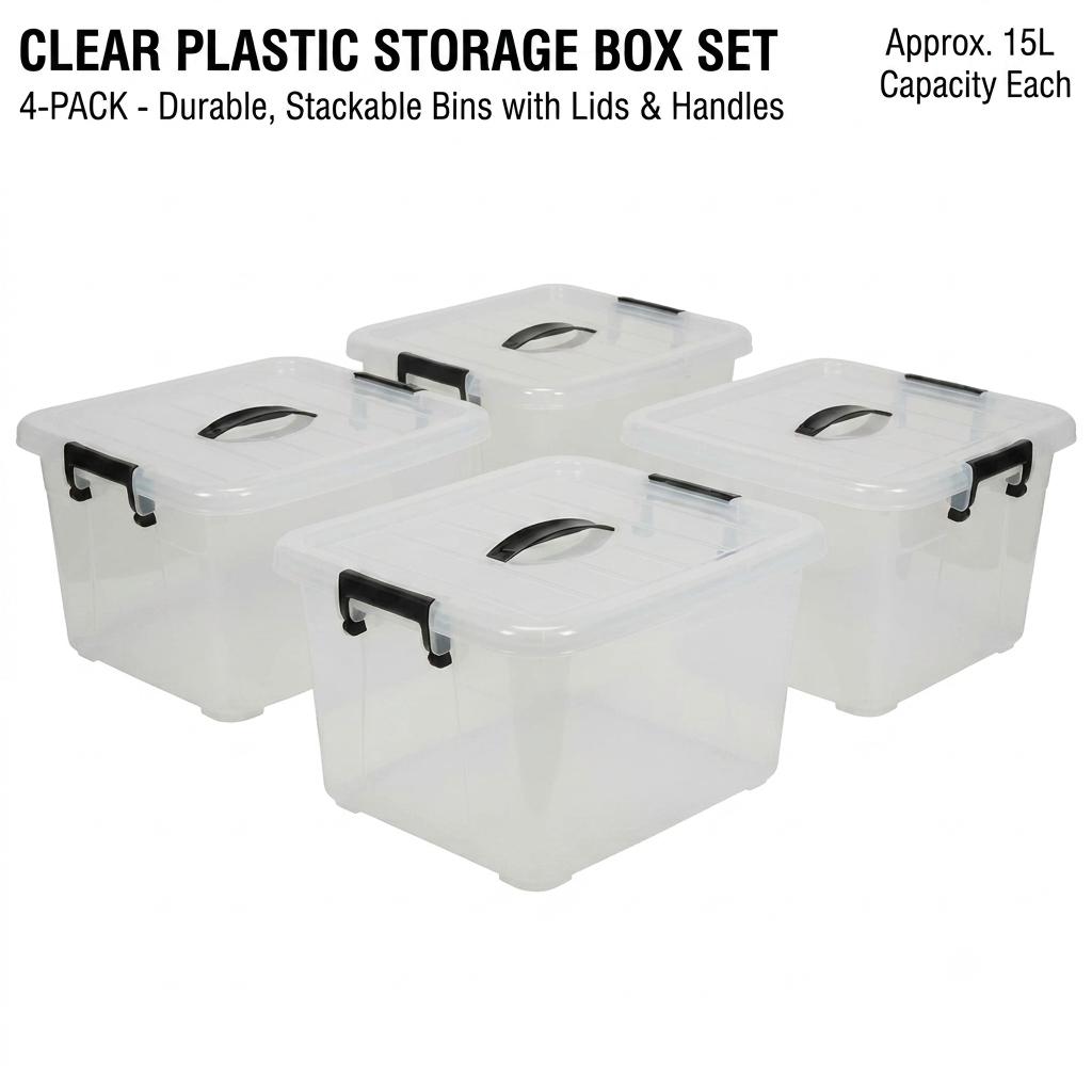 Clear Plastic Storage Containers with Lids, Stackable Organization 4-Pack,15 L Capacity