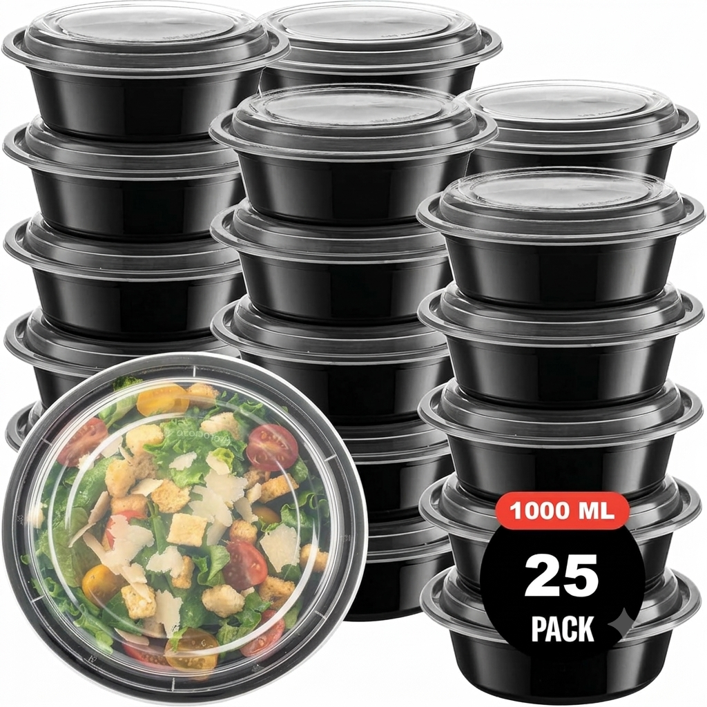Pack of 25 Round Meal Prep Boxes with Lid, 1000 ml,