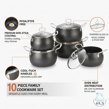 10-Piece Non-Stick Cookware Set, Die-Cast Aluminium with Tempered Glass Lids, Granite Finish, Cool-Touch Handles