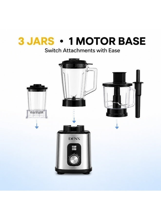 DENX 2000W 3-in-1 Heavy Duty Blender with 3L Jar + Grinder + Meat Mincer, High Speed Multi Function Kitchen Mixer, Smoothie Maker,Juicer, Food Processor for Home & Commercial Use