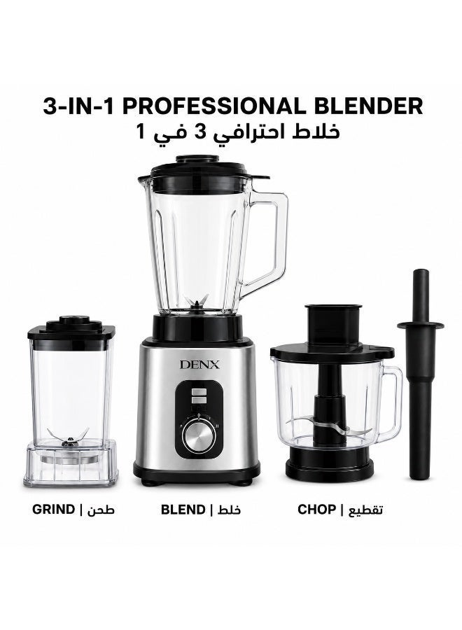 DENX 2000W 3-in-1 Heavy Duty Blender with 3L Jar + Grinder + Meat Mincer, High Speed Multi Function Kitchen Mixer, Smoothie Maker,Juicer, Food Processor for Home & Commercial Use