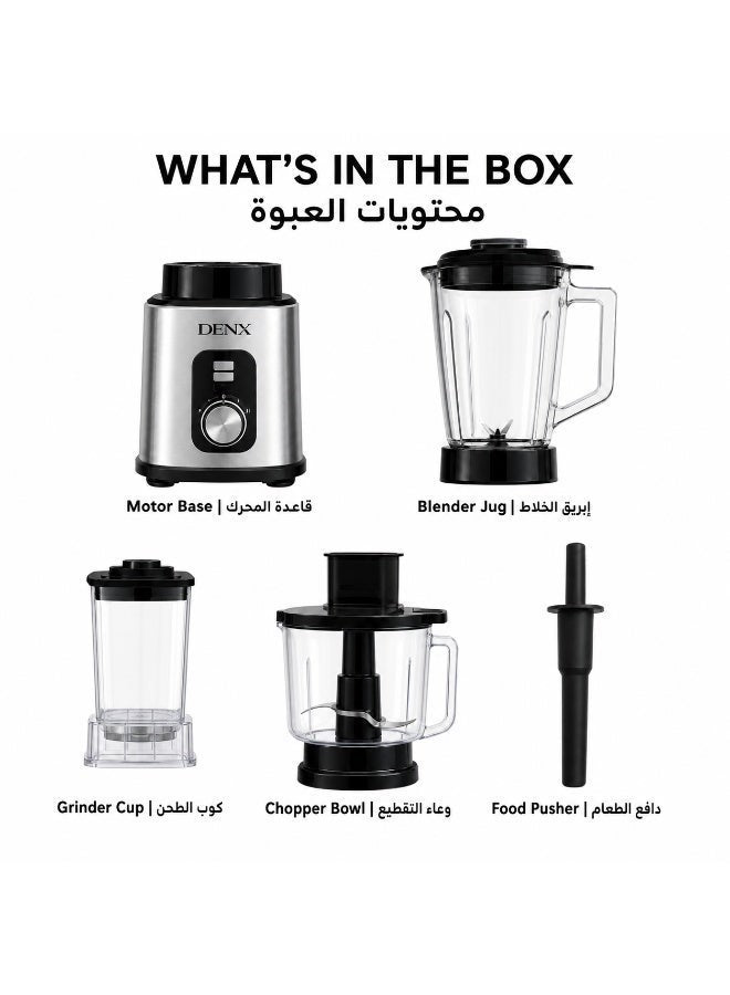 DENX 2000W 3-in-1 Heavy Duty Blender with 3L Jar + Grinder + Meat Mincer, High Speed Multi Function Kitchen Mixer, Smoothie Maker,Juicer, Food Processor for Home & Commercial Use