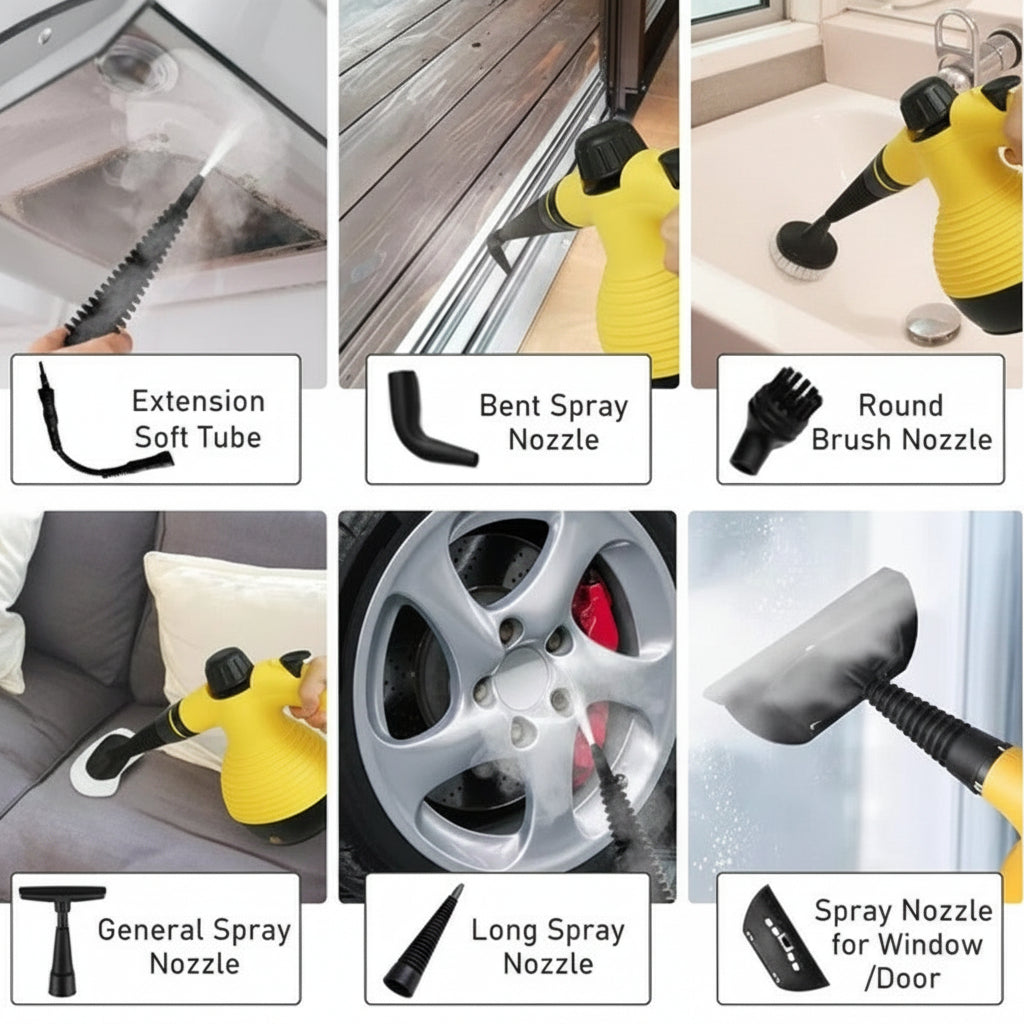 A multi-use steam cleaning device that operates electrically, with a power of 1200 watts, and a water capacity of 350 ml.
