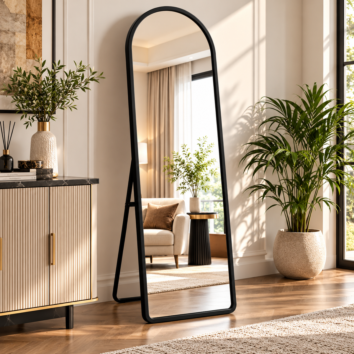 Raqi arched full-length floor mirror black living room