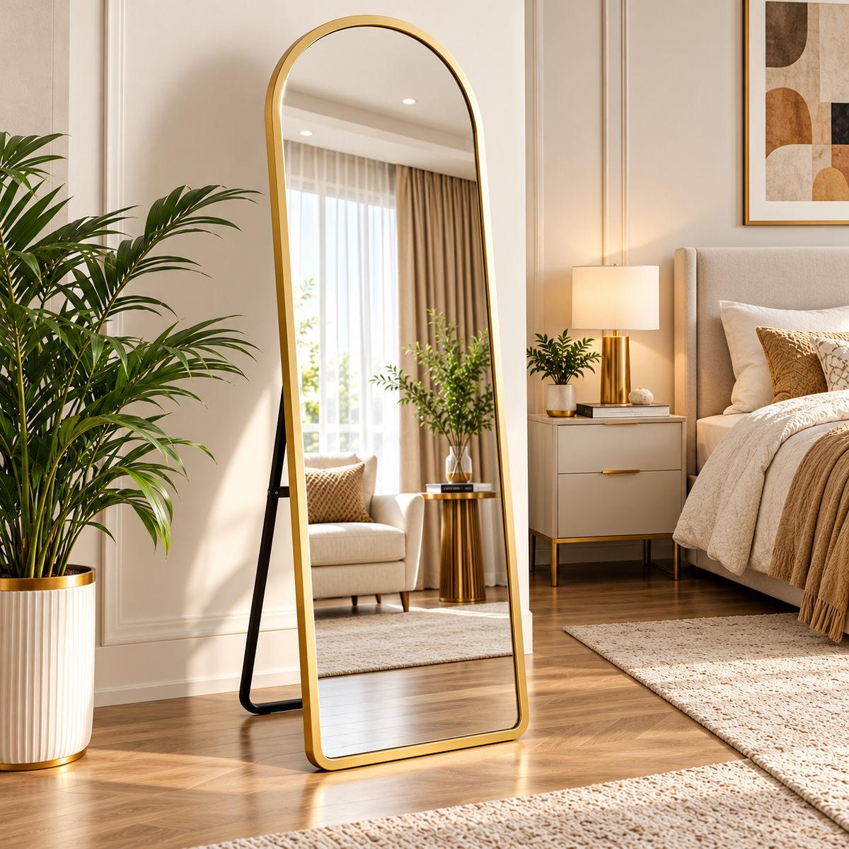 Raqi arched full-length floor mirror gold bedroom