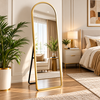 Raqi arched full-length floor mirror gold bedroom