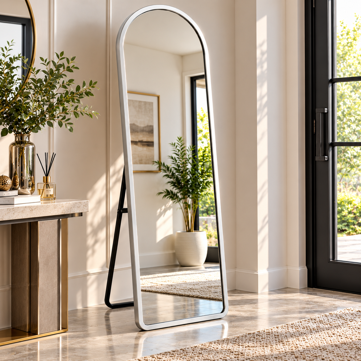 Raqi arched full-length floor mirror silver entryway