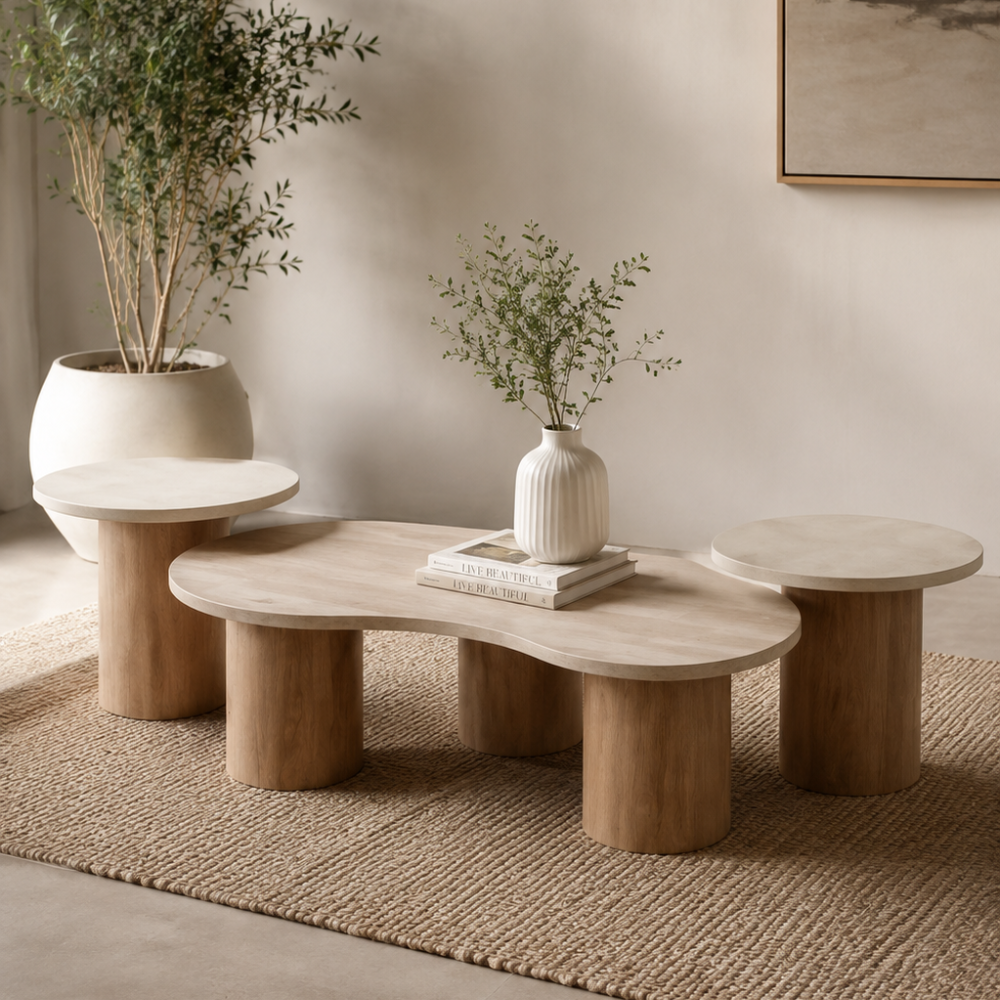 Modern curved beige coffee table and two matching walnut side tables alternate product view