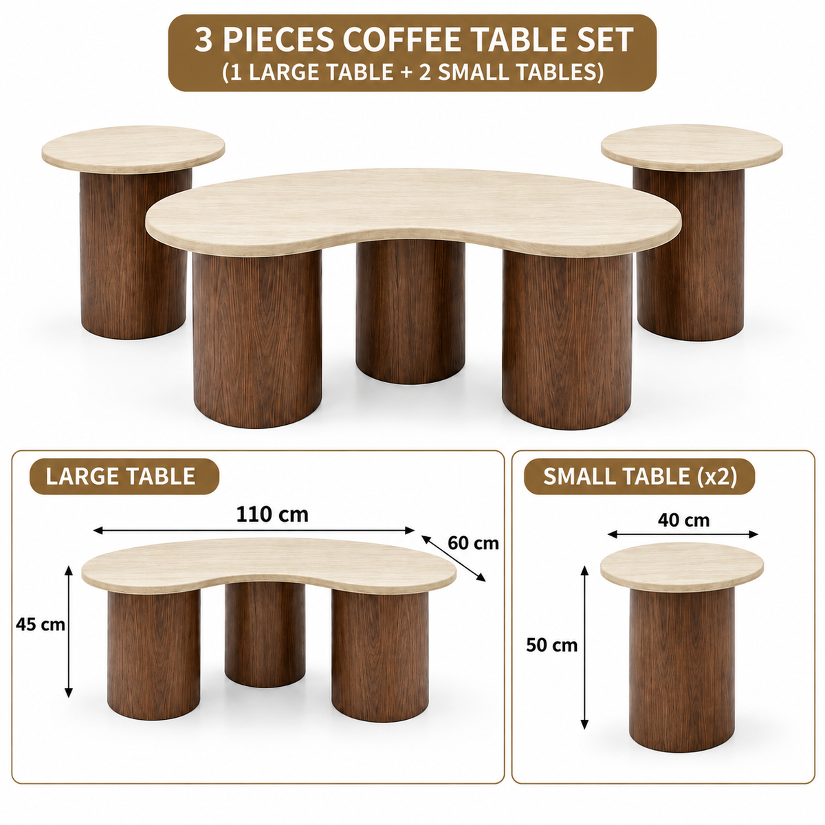 Three-piece coffee table dimensions: large 110 x 60 x 45 cm, small tables 40 x 35 x 50 cm