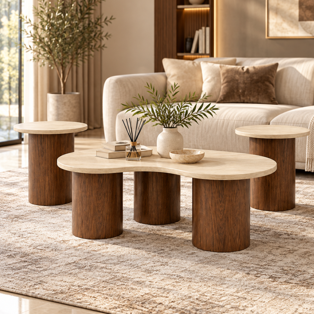 Modern 3-piece walnut brown and beige coffee table set with curved center table and two round side tables